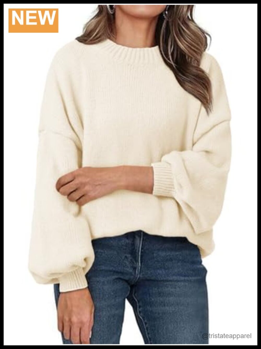 Womens Oversized Chunky Knit Sweater Mock Neck Lantern Sleeve Loose F